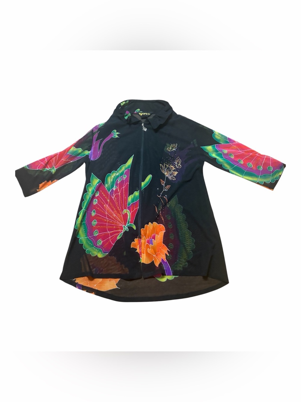 Valentina Womens Jacket M Mesh Zip Floral Butterfly Artsy Festival Sheer Y2K